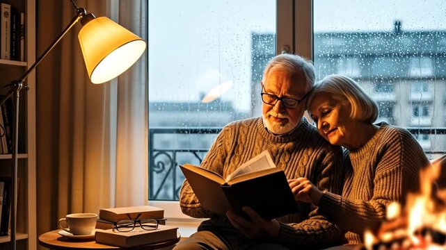 An elderly couple enjoys a warm and intimate moment reading a book together on a rainy day.