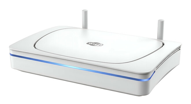 Glossy white router with two small antennas and a blue light