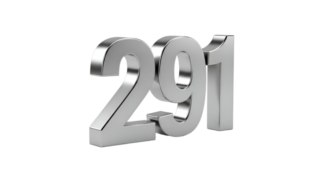 Metallic "291" text against pure black backdrop, perspective view