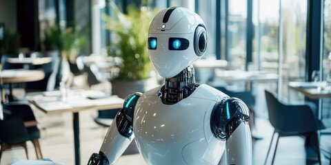 A humanoid robot with a sleek, white body and black accents, standing in a modern, spacious room with large windows and a glass table.