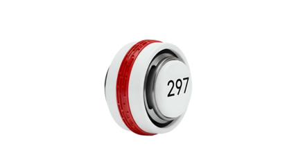 Spherical object, white face with "297", red band