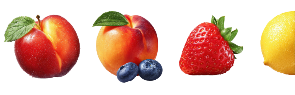 Four vibrant fruits arranged horizontally a peach, another peach, a strawberry, and a lemon