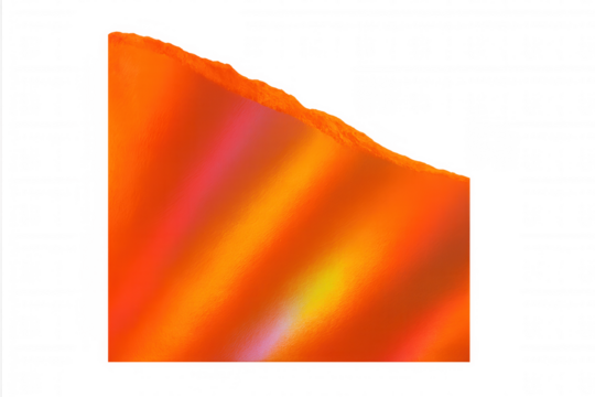 Torn iridescent paper creating dynamic orange, yellow, and red holographic gradient texture on a transparent backdrop