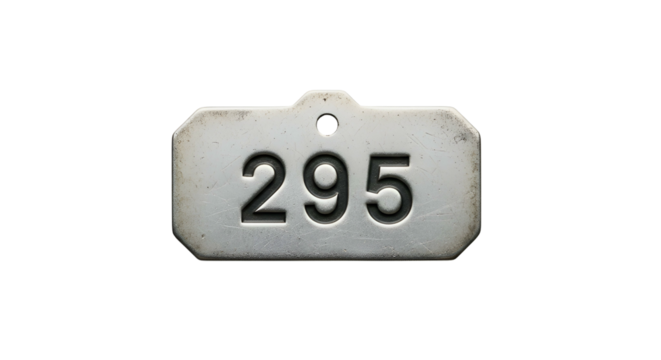 Metal tag with number 295 on black background, top hole