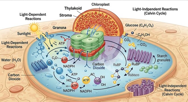 Chloroplast Structure and Photosynthesis Process Diagram with Light Dependent Reactions.