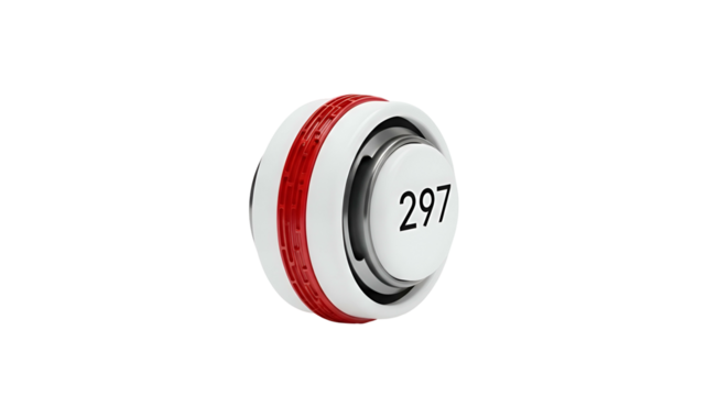 Spherical object, white face with "297", red band