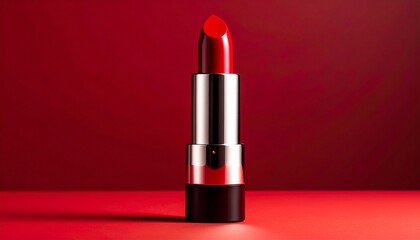Red lipstick with metallic silver casing and black base standing upright against matching red background for editorial beauty product photography cosmetic branding and bold femininity-themed visuals