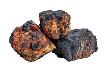 Three rough, irregular, mineral-like stones.  Dark, charred surfaces with patches of orange-red,  layered textures
