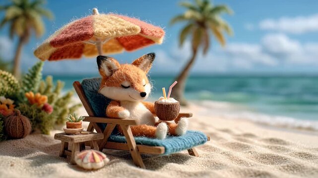 Animated fox relaxing on beach with umbrella and drink in sunny paradise