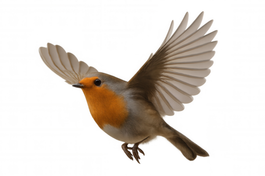 European robin bird flying with wings spread, symbolizing freedom, nature, new beginnings, wildlife, and natural beauty