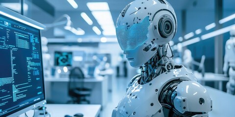 Fototapeta premium A humanoid robot in a laboratory setting, with a computer monitor in the foreground and a blue and white color scheme.