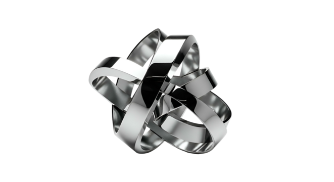 Metallic rings interlock in complex, abstract, reflective sculpture