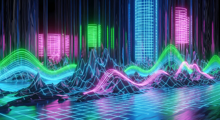 A vibrant neon digital landscape with glowing wireframe mountains and futuristic city skyscrapers.