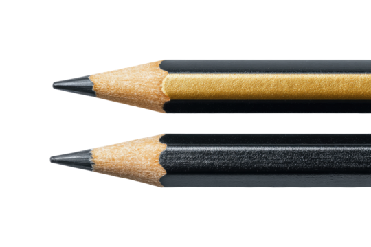 Close-up of two graphite pencils, one with a gold band
