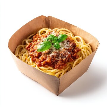 spaghetti bolognese in brown paper box in white background
