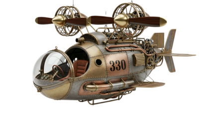 Elaborate Steampunk aircraft with propellers and brass accents