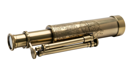 Brass telescope with etched world map detail and tripod stand