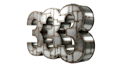 Metal number "333," industrial, worn, riveted, on black