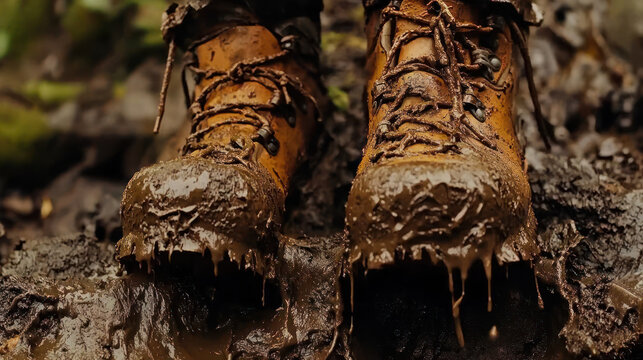 Close-up of muddy hiking boots standing in thick, wet muck. Laces visible, droplets