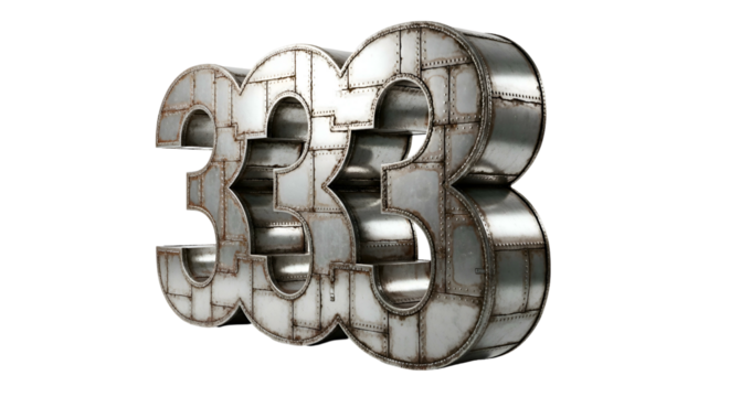 Metal number "333," industrial, worn, riveted, on black