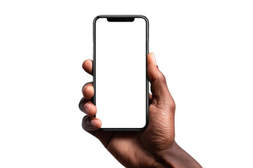 Close-up of a hand holding a smartphone with a blank screen against a black background.  Dark-skinned hand holds modern phone;  screen is white,  showing no content;  simple,  clean,  technological