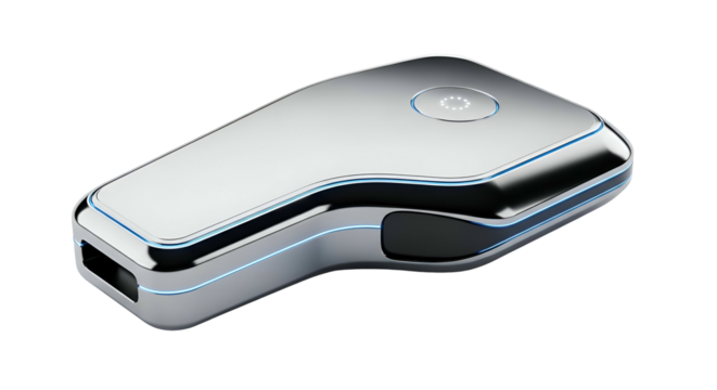 Sleek silver gadget with rounded edges, soft lighting on dark background