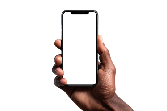 Close-up of a hand holding a smartphone with a blank screen against a black background.  Dark-skinned hand holds modern phone;  screen is white,  showing no content;  simple,  clean,  technological