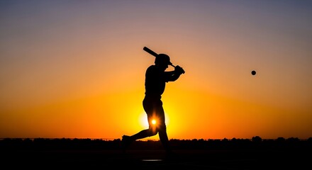 Silhouette of Baseball Player Hitting Ball at Sunset - A Moment of Athleticism.