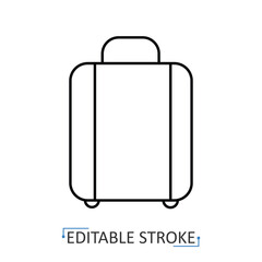 A travel suitcase icon in a minimalist line style with editable stroke. Wheeled luggage for vacation, airport baggage, business trip, tourism journey, holiday baggage, travel bag concept.