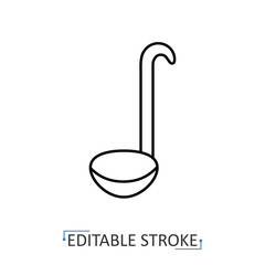 A kitchen ladle icon in a minimalist line style with editable stroke. Soup serving utensil, cooking tool, liquid dipper, household kitchenware, restaurant equipment, hot food serving, pot spoon.