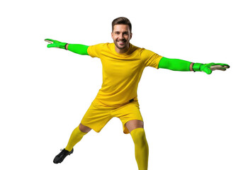 Goalkeeper in yellow uniform isolated on transparent background