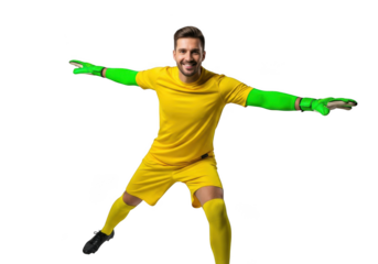 Goalkeeper in yellow uniform isolated on transparent background