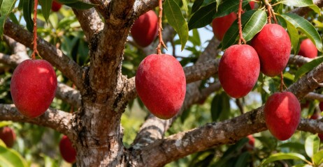 Red mangoes ripen on a tree branch with green leaves in sunlight.