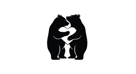 Two black bears hugging a white heart silhouette love
