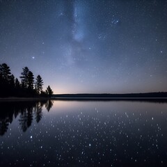 Night Sky Reflection - Stars Over Still Lake Waters.