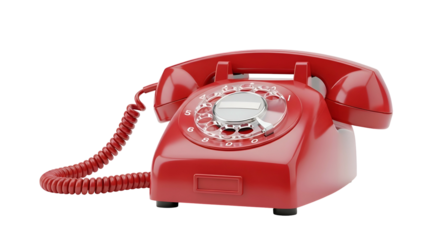 Red rotary dial telephone isolated on a black background