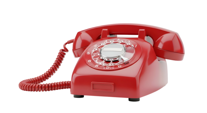 Red rotary dial telephone isolated on a black background