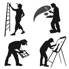Obraz premium Vector art of four silhouettes of artists painting on canvas