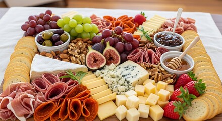 Delicious Charcuterie Board with Assorted Cheeses, Meats, and Fruits.
