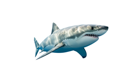 Great white shark swimming, teeth bared against dark backdrop