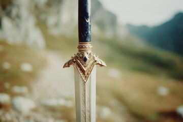 majestic sword with intricate hilt details, set against serene landscape