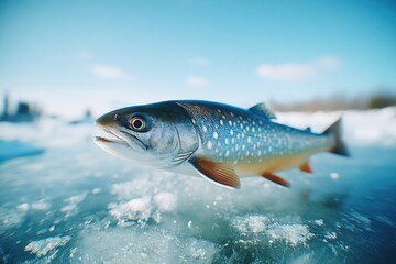 Colorful trout resting on ice, showcasing vibrant scales against winter backdrop