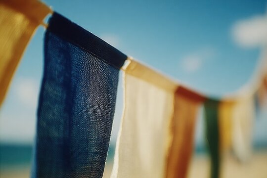 Colorful fabric banners sway gently in warm sunlight against clear blue sky