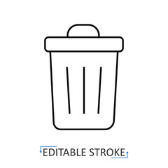 A trash can icon in a minimalist line style with editable stroke. Garbage bin, waste management, recycling symbol, office rubbish container, cleaning service, delete button, ecology concept.