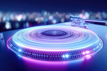 Fototapeta premium Illuminated turntable with vibrant lights against city skyline at night