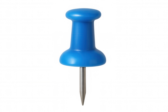 Blue plastic pushpin with metal tack, fixing important notes on a noticeboard, office stationery and organization concept