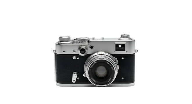 Silver/black vintage camera with protruding lens on black background