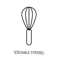 A kitchen whisk icon in a minimalist line style with editable stroke. Kitchen utensil, baking tool for whipping cream, cooking equipment, bakery supply, egg beater, mixing ingredients concept.