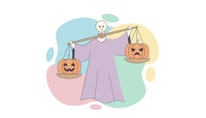 Figure balancing happy and sad Halloween pumpkins Represents emotional choice or holiday duality