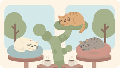 Three cute cats napping peacefully in a cozy serene setting with coffee for relaxation